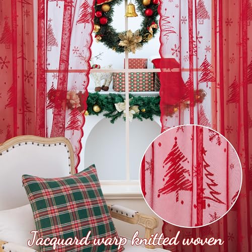 KYMRose 52x95 Inch Christmas Lace Curtains 2 Panels Red Tree Weave Rod Pocket