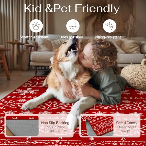 PureCozy 8' x 10' Christmas Snowflake Area Rug, Red – Washable, Non-Slip
