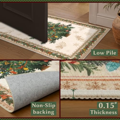 Olacotta 5x7 Beige Christmas Area Rug with Center Tree - Non-Slip, Machine Washable