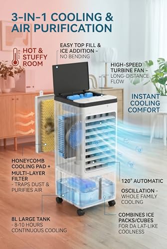 Portable Evaporative Swamp Cooler 3-in-1 Tower Fan with Remote and Ice Packs