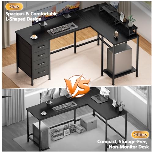 59-Inch L-Shaped Computer Desk with Power Outlets, Storage Drawers & Stands
