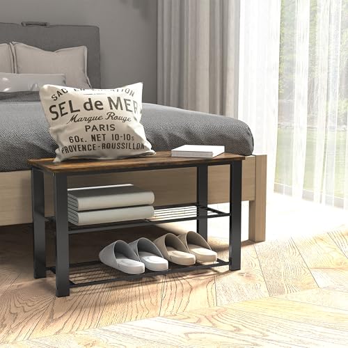 2-Tier Shoe Rack Bench, Rustic Brown Metal Entryway Storage Organizer
