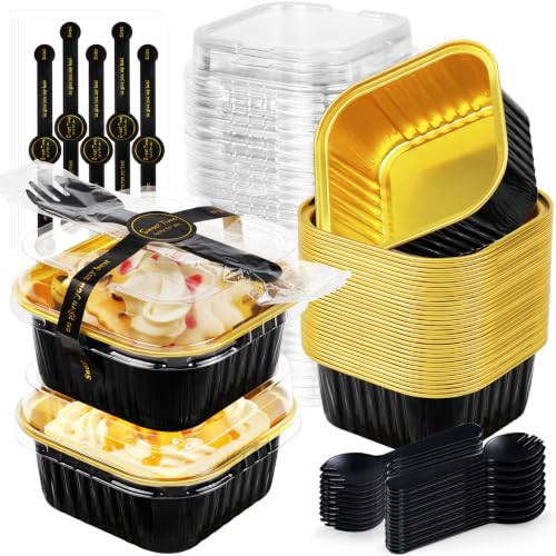 ZAOXILEN Square Mini Cake Pans with Lids, 5oz/125ml Aluminum, Black Gold