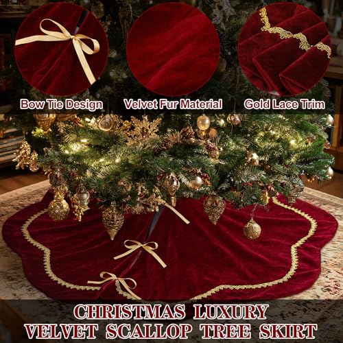Red Velvet Christmas Tree Skirt with Scalloped Edge & Gold Lace Trim, 48 Inch