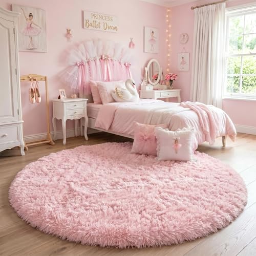 Pink Round Fluffy Area Rug 4ft - Soft Non-Slip Plush Shag Nursery Carpet