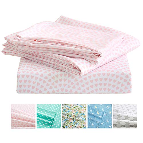 Kids Full Size Pink Heart Print Sheet Set - Soft Microfiber 4-Piece Bedding