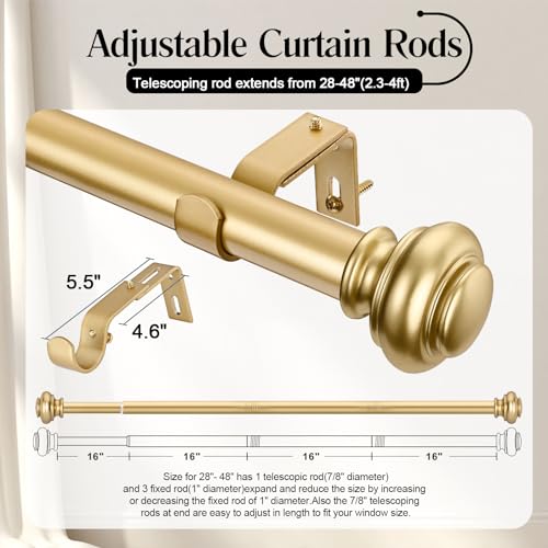 Heavy Duty Gold Curtain Rod (28-48 Inches) - 1 Inch Adjustable Drapery Rod