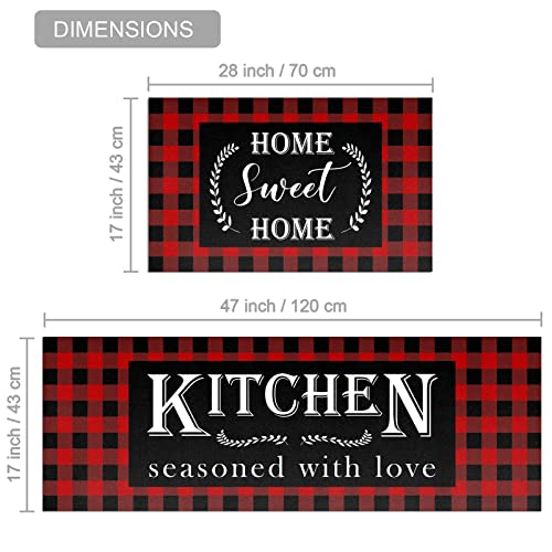 Red Buffalo Plaid Kitchen Mat Set of 2, Non-Slip Cushioned Floor Rugs