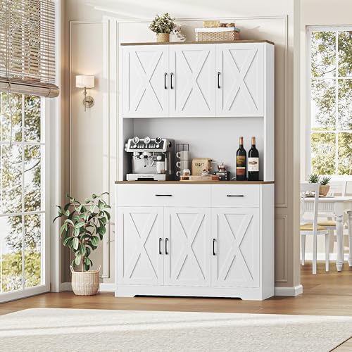 71" Tall Farmhouse Kitchen Pantry Cabinet with Charging Station, White