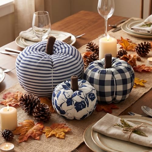 3-Piece Blue and White Fabric Pumpkin Set for Farmhouse Fall Decor