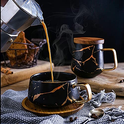 Ceramic Coffee Tea Mug Set with Stainless Steel Spoon & Bamboo Saucer, 10 oz - White & Black