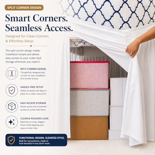 Twin XL Microfiber Dorm Bed Skirt - 36 Inch Drop with Split Corners, White