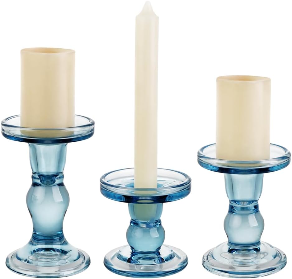 Skiennix 3-Piece Blue Glass Candlestick Set - Elegant Crystal Holders for Weddings & Home Decor