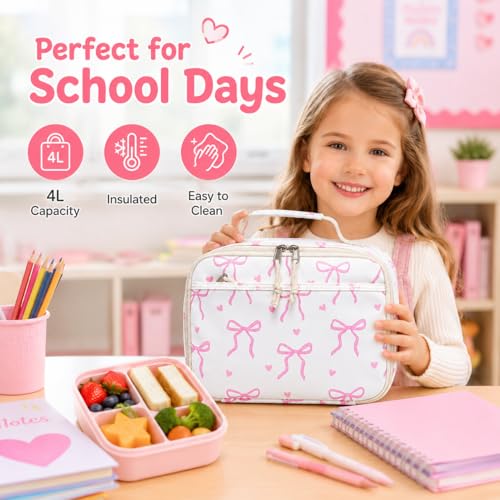 Cute Bow Insulated Lunch Bag for Girls & Women, Pink Thermal Tote Bag