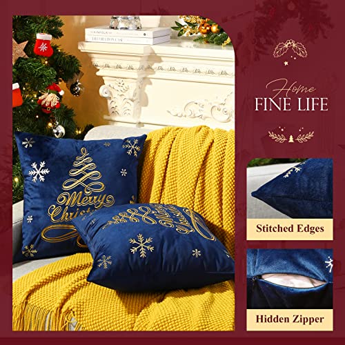 Lewondr Christmas Throw Pillow Covers, Christmas Tree Embroidery Hot Stamping Pattern Dutch Velvet Pillowcases Home Xmas Decorative Cushion Covers Soft for Sofa Bed Chair, 2 Pack, Navy Blue