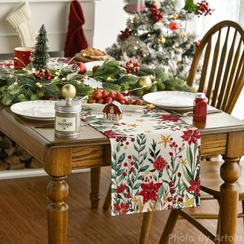 Artoid Mode 13x36 Inch Poinsettia Holly Leaves Christmas Table Runner