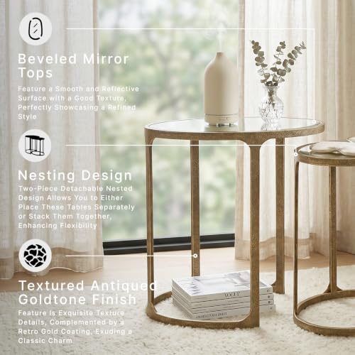Oval Nesting Accent Table Set of 2, Gold Metal Frame with Beveled Mirror Tops