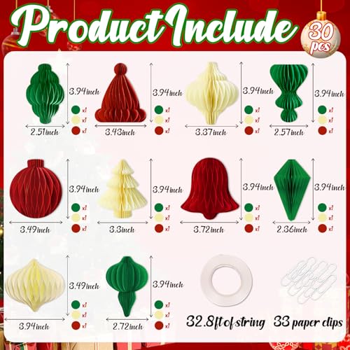 Renbuzhu Classic 30pcs Christmas Honeycomb Ornaments Set - Red Green Cream, 3.9in Hanging Decor