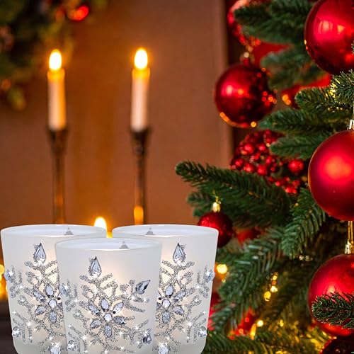 Snowflake Frosted Glass Candle Holders with LED Candles - Set of 3