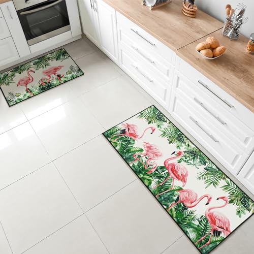 2-Piece Flamingo Kitchen Rug and Mat Set, Non-Slip Washable Floor Mats