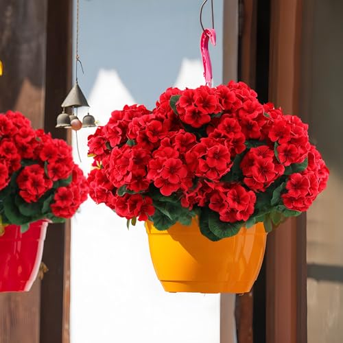 6-Piece Artificial Silk Geranium Flowers - UV Resistant Outdoor Red Faux Plants