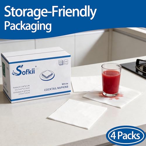 Sofkii 400 Count White Cocktail Napkins - 4.5x4.5 Inch 2-Ply Bulk Beverage & Party Napkins - Variation: White-400