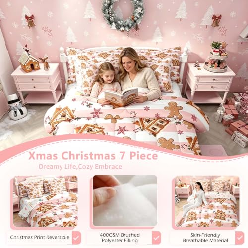 Feelyou Pink Gingerbread Man Comforter Set with Sheets 7-Piece Full kids bedding beige/pink
