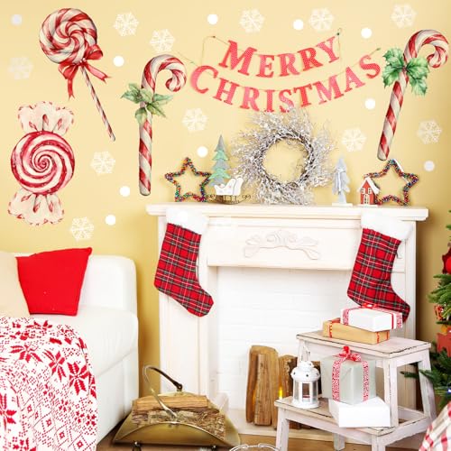 Large Christmas Wall Decals - 4 Sheets Candy Cane Holiday Stickers Removable