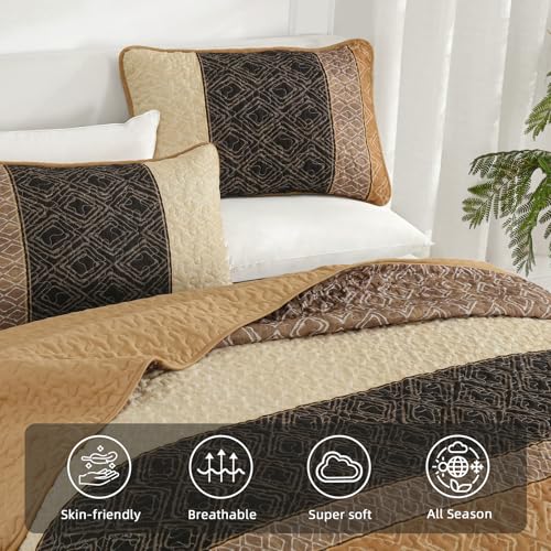 Cottolester King Size Boho Plaid Quilt Set - 3 Piece Brown Bedspread