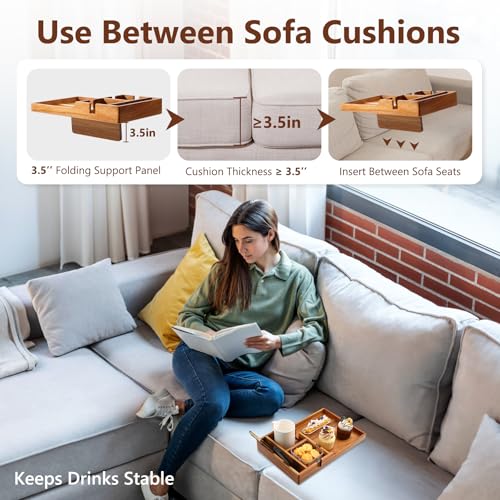 Solid Acacia Wood Couch Insert Tray with 2 Cup Holders for Sectionals