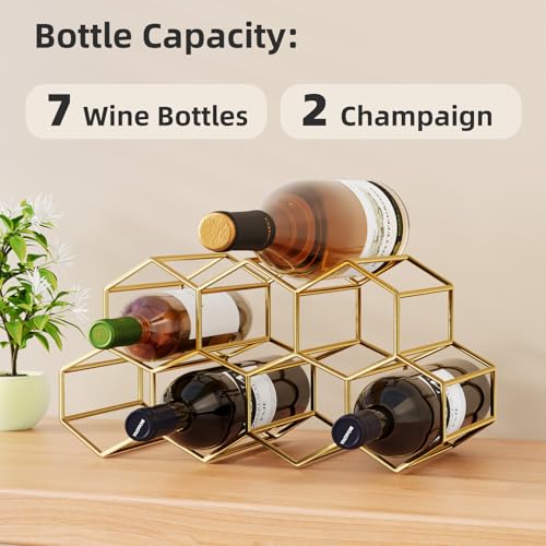 9-Bottle Gold Countertop Wine Rack - Modern Metal Geometric Wine Storage