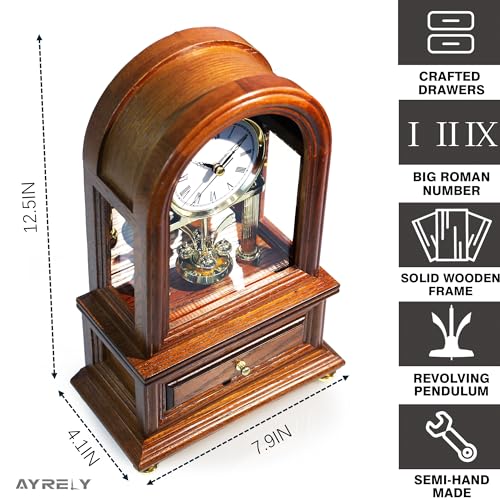 Vintage Wooden Mantel Clock with Revolving Pendulum and Storage Drawer