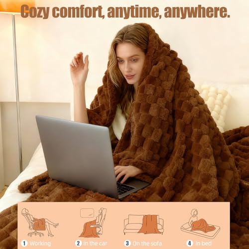 Heated Throw Blanket, 50" x 60" Soft Faux Fur & Flannel, 12 Heat Levels