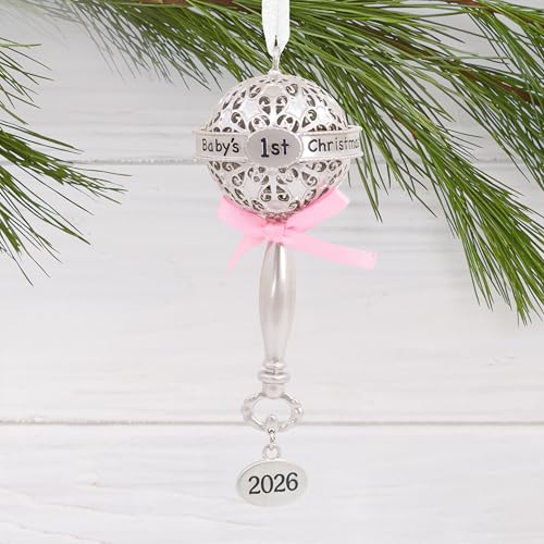 Hallmark Baby's First Christmas Ornament 2026 Pink Rattle - Silver Decor