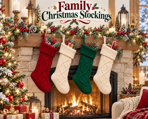 Fesciory 14-Inch Christmas Stockings 6 Pack – Burgundy, Ivory, Green Cable Knit