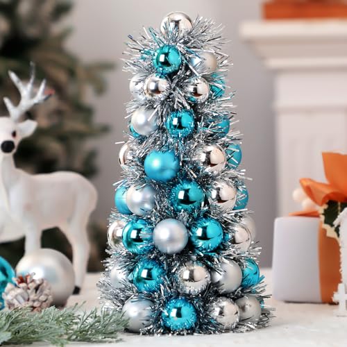 Cinnvoice 11-Inch Teal Blue Tabletop Christmas Tree with 62-Piece Silver & Blue Ornaments