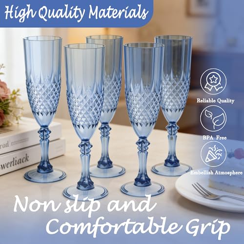 Blue Plastic Champagne Flutes Set of 24 - Reusable Disposable Wine Glasses