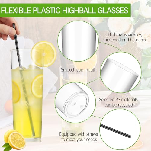 Acellegic 9 oz Plastic Highball Glasses with Straws - Set of 48, Disposable Cocktail & Drink Cups