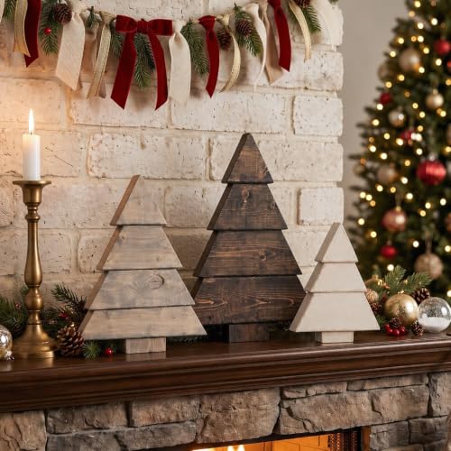 RattanView 3 Pcs Christmas Table Decor Farmhouse Wooden Pine Tree