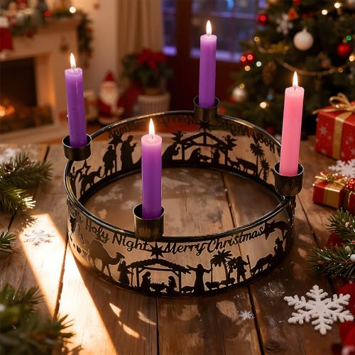 Metal Nativity Scene Advent Wreath Candle Holder - Christmas Centerpiece