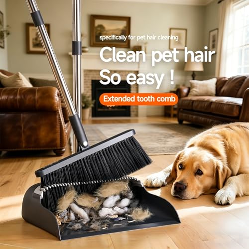 Standing Broom and Dustpan Set with 52-Inch Long Handle & Built-in Comb Teeth