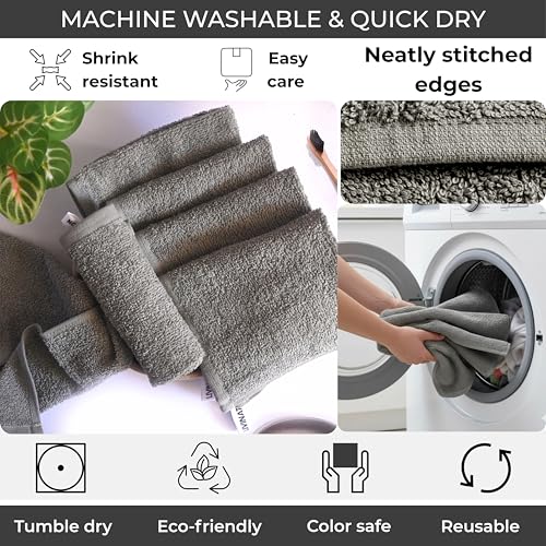Gray 100% Cotton Washcloths 12"x12" - 6 Pack Soft Absorbent Bath Rags