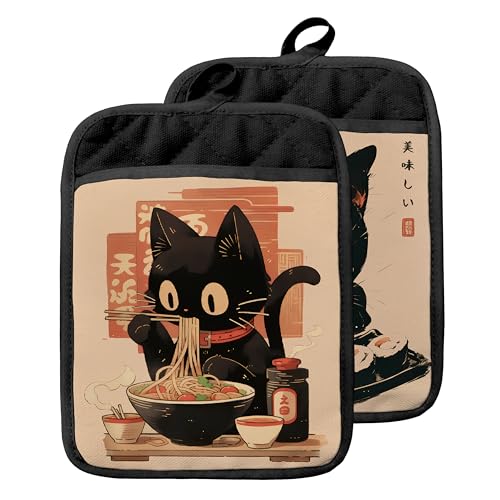 Japanese Cat Print Pot Holders with Pockets - Heat Resistant Cotton Set