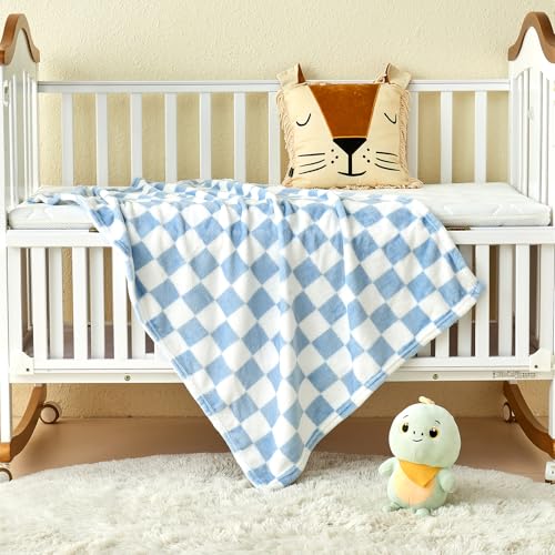 Yurhap Checkered Fleece Baby Blanket 30x40 Blue Soft Receiving Blanket