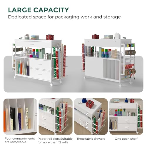 Wrapping Paper Storage Cart with Wooden Drawers and Ribbon Holder White