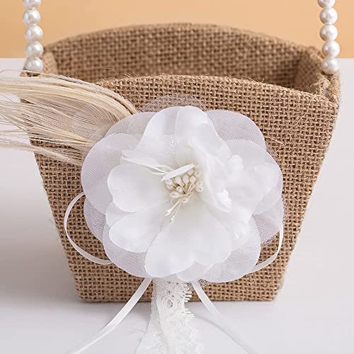 Rustic Burlap Flower Girl Basket with Pearl Bow for Wedding Ceremony