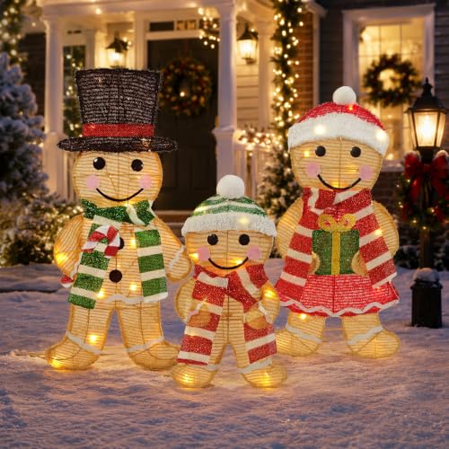 Lighted 3-Piece Gingerbread Family Yard Decor - 28in 45 LED Seasonal Outdoor Decorations