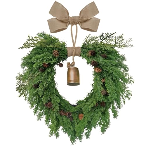 Jauksrola Bell Pinecone 20in Heart-Shaped Christmas Wreath - Front Door, Indoor/Outdoor