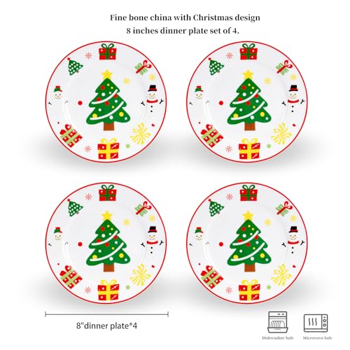 8-inch Fine Bone China Christmas Dessert Plates Set of 4, Red Green Holiday Design in Gift Box