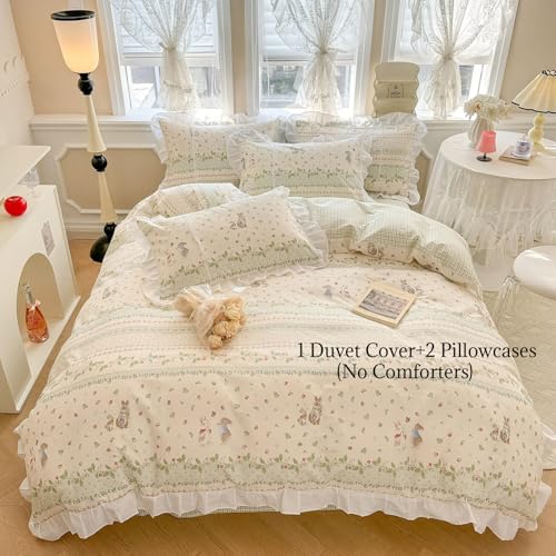 Twin Cotton Duvet Cover Set - Ruffle Strawberry Rabbit Print Bedding